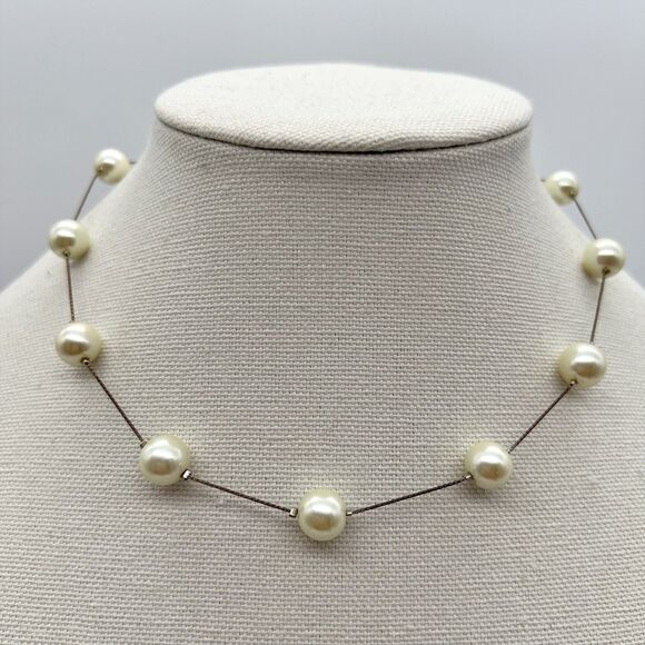 Vintage Floating Faux Pearl 10mm Silver Tone Fashion Necklace 16” To 18” - Picture 1 of 7